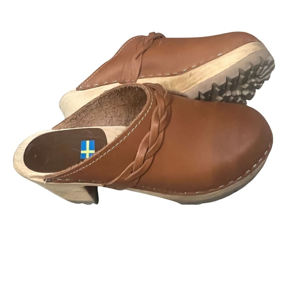 Swedish Clogs Mules Women 37 Tan Leather Braided Wood Platform Lug Sole